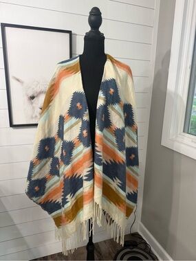 Boho Geometric Fringe Wrap in Cream, Navy & Rust